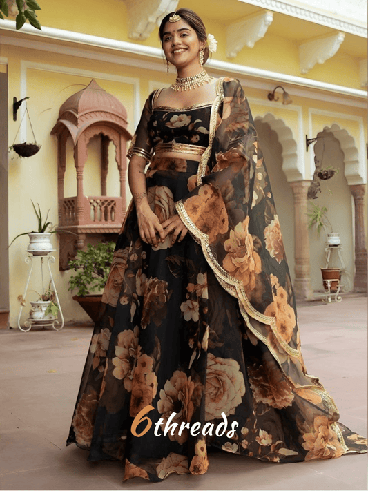 Black Floral Printed Lehenga Choli with Organza Dupatta