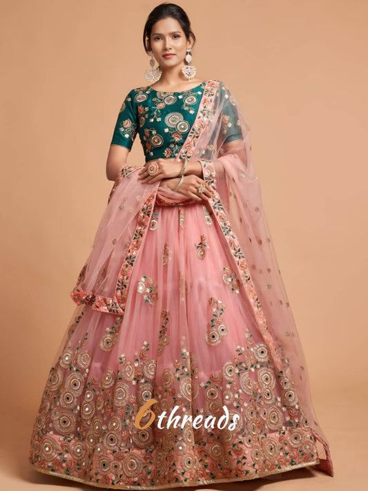 Designer Peach Pink & Royal Green Lehenga Choli