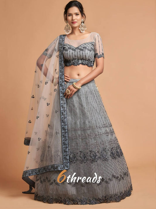Elegant Metallic Grey Net Lehenga Choli