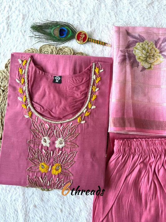 Handcrafted Mul Chanderi Kurti Set with Roman Silk Pants & Jacquard Dupatta | Ethereal Light Pink