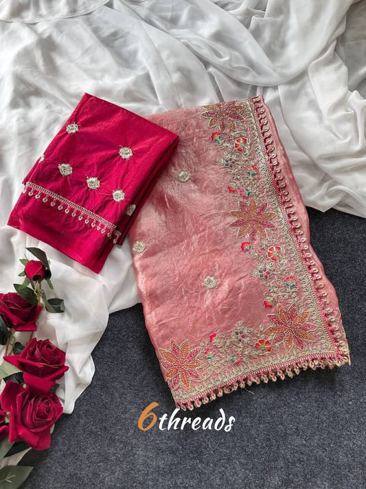 Premium Fandy Satin Silk Saree with Floral Embroidery, Tassels & Unstitched Contrast Blouse