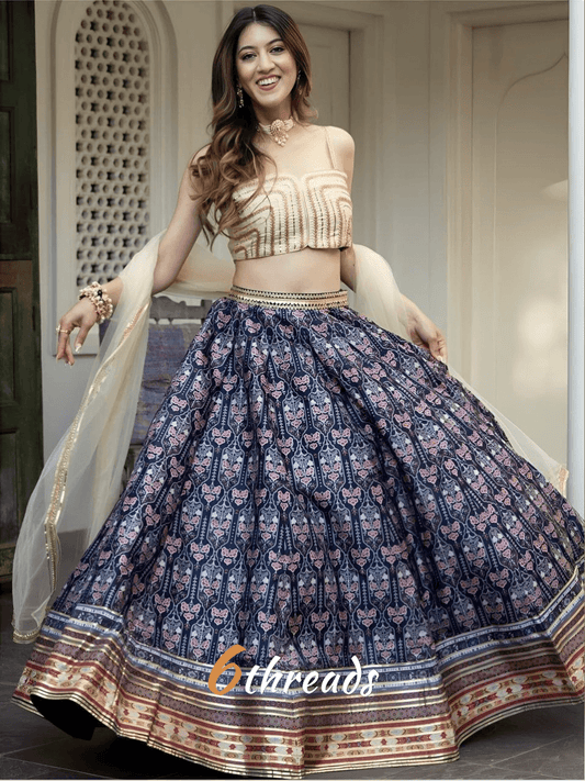 Navy Blue Printed Lehenga Choli with Cream Dupatta