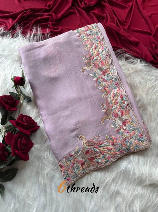 Premium Pastel Moss Chiffon Saree with Peacock Embroidery & Stitched Blouse