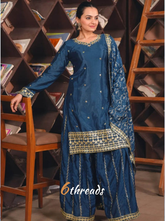 Premium Chinon Heavy Sequence Embroidered bottle green colour Sharara Suit Set