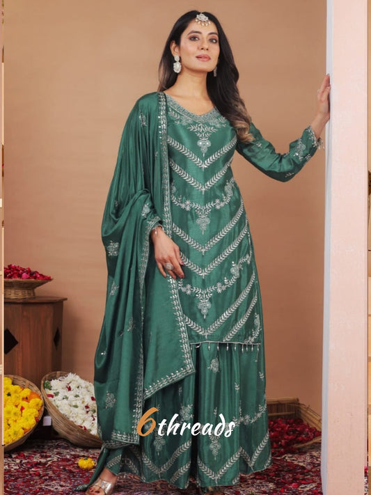 Premium Chinon Multi-Thread & Sequence bottle green Sharara Suit Set with Lace Border