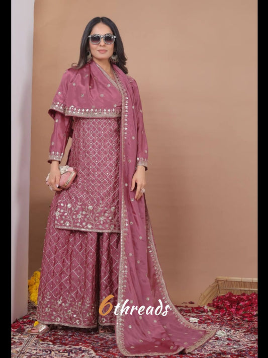 Premium Chinon Sequence Embroidered onion pink Sharara Suit Set
