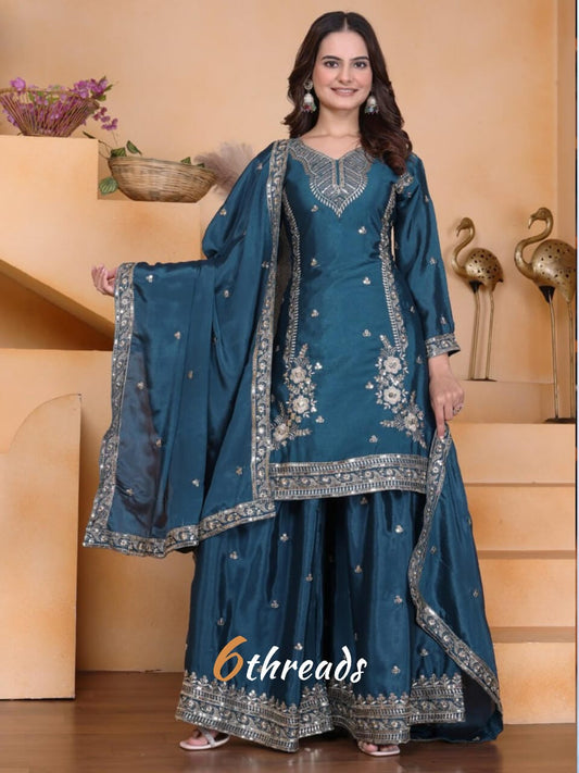 Premium Chinon Sequence Embroidered rama green colour Sharara Suit Set