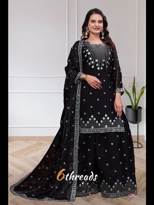 Premium Chinon Silk Zilmil Sequence Black Sharara Suit Set