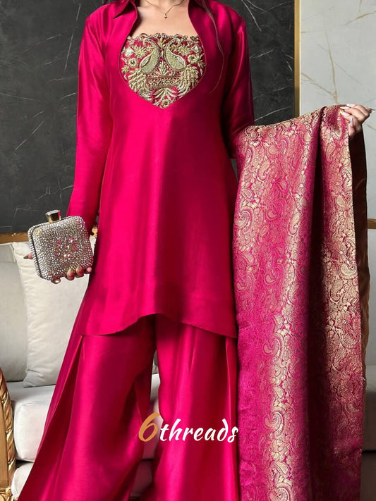 Premium Malay Satin Silk Farshi Salwar Set with Heavy Jacquard Dupatta
