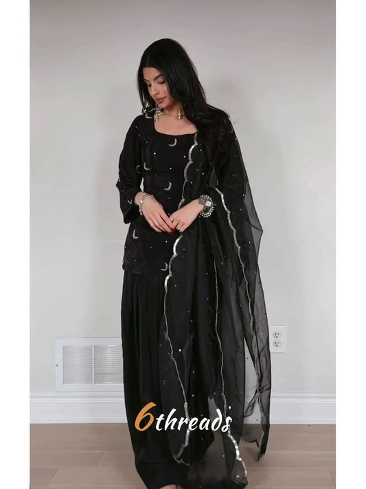 Premium Natural Crepe Silk Top & Farshi Salwar Set with Zari Embroidery & Organza Dupatta