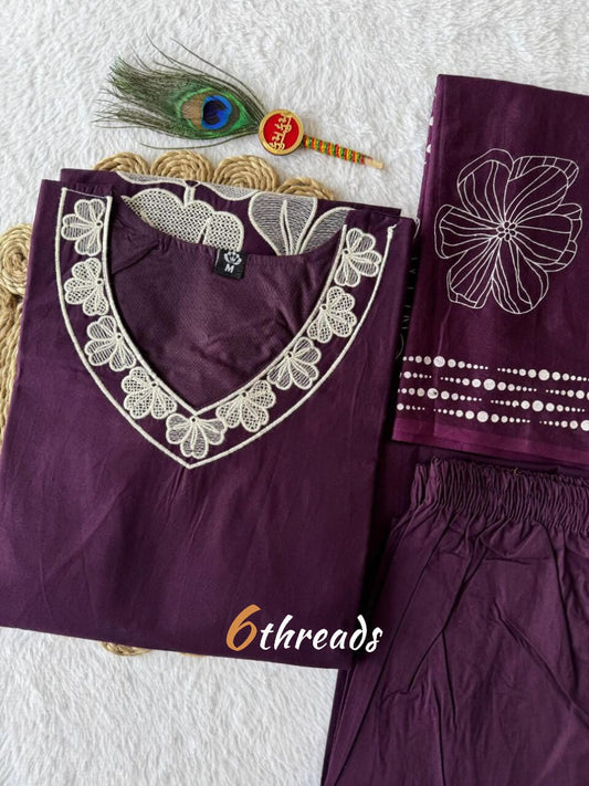 Premium Pure Cotton A-Line Embroidered Kurti Set with Hand Block Printed Mul Dupatta | Royal Purple