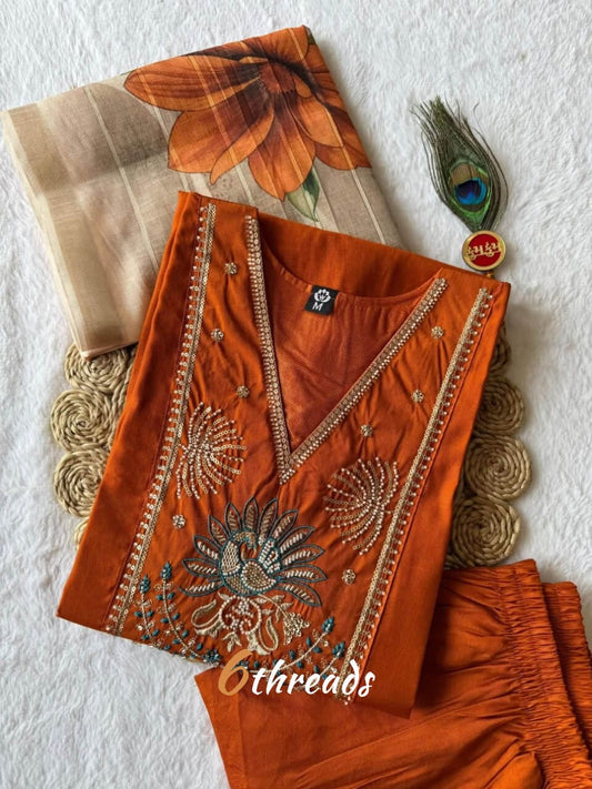 Premium Roman Silk Embroidered orange colour Kurti Pant Set with Chanderi Jacquard Dupatta