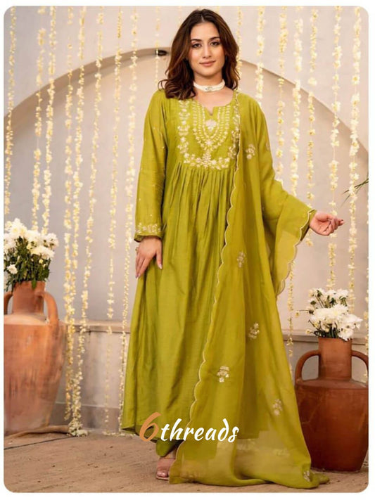 Premium Vichitra Silk parrot green colour Flared Kurta Set | Exquisite Embroidery with Designer Organza Dupatta