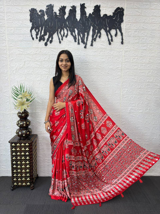 Premium Gajji Silk Ajrakh Print Saree with Heavy Real Mirror-Work & Designer Red Pallu