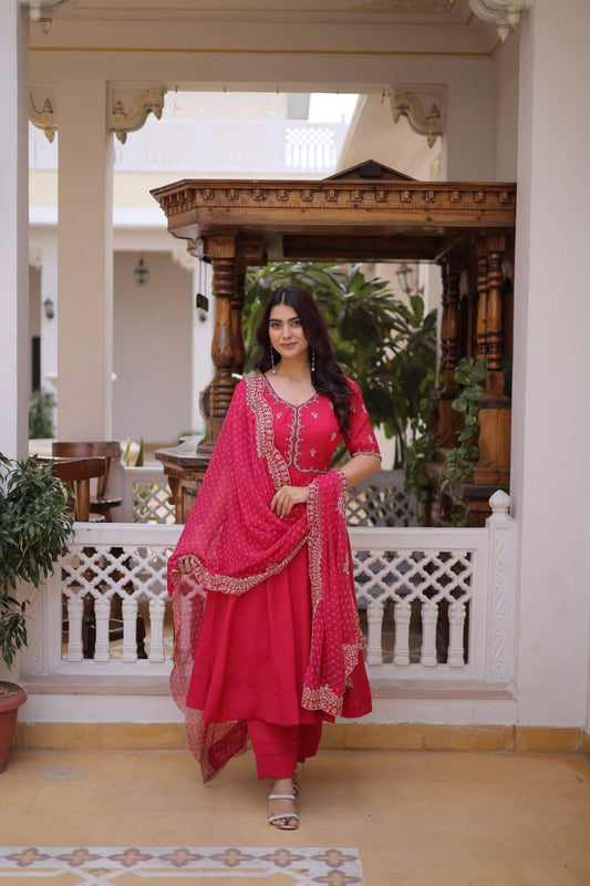 Premium Mul Chanderi Embroidered Kurti, Roman Silk Pant & Georgette Dupatta Set