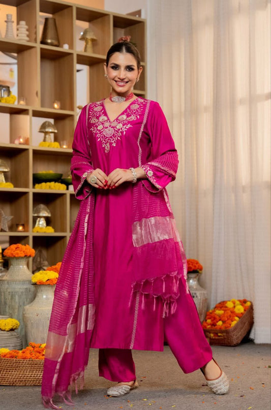 Premium Pure Satori Silk Festive Suit, Maharaja Pant & Banarasi Zari Dupatta Set