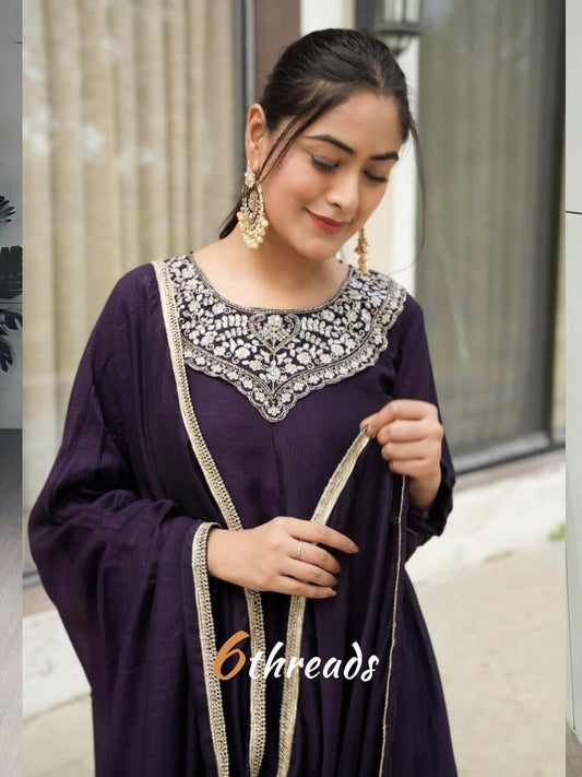 Royal Jamun Purple Plazo Suit | Premium Vichitra Silk | Fully Stitched