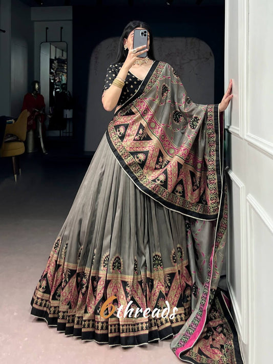 Southern Grace Tasar Silk Lehenga with Foil Work & Can-Can