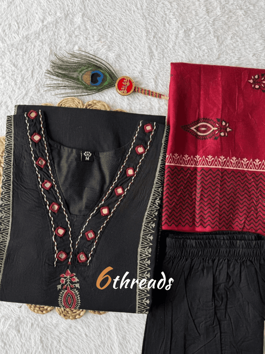 Pure Cotton Black A-Line Kurti Pant Set with Mirror Work & Block Print Dupatta