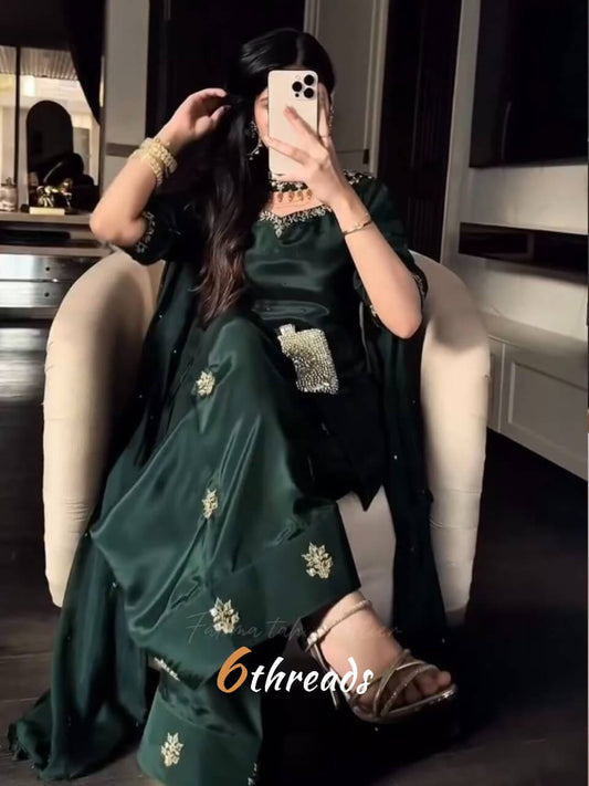 Premium Natural Crepe Silk Top & Farshi Salwar Set with Diamond Handwork & Organza Dupatta