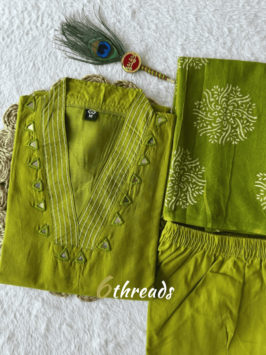 Pure Cotton Parrot Green A-Line Kurti Pant Set with Mirror Embroidery
