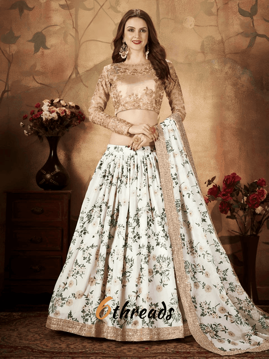 Ivory Floral Lehenga Choli with Golden Embroidered Blouse
