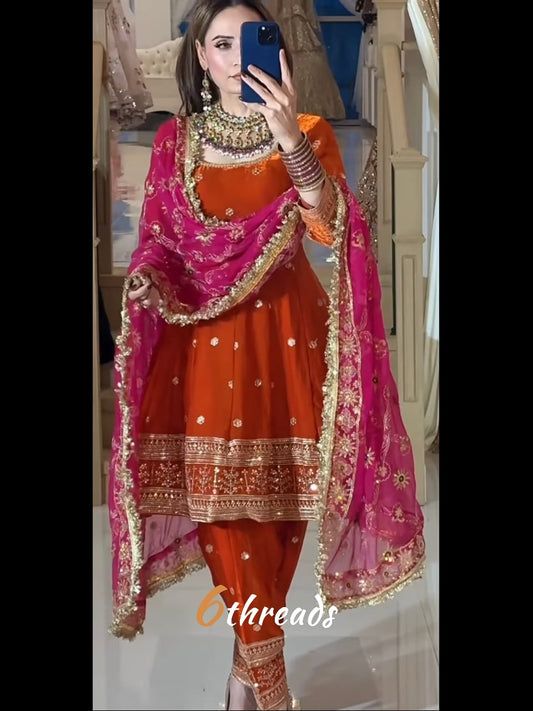 Premium Fandy Silk Flared Top & Farshi Salwar Set with 5mm Sequence Work