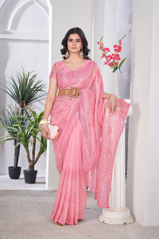 Exclusive Party Wear Leaf-Motif Net Saree with Shimmer Finish and Ornate Pallu
