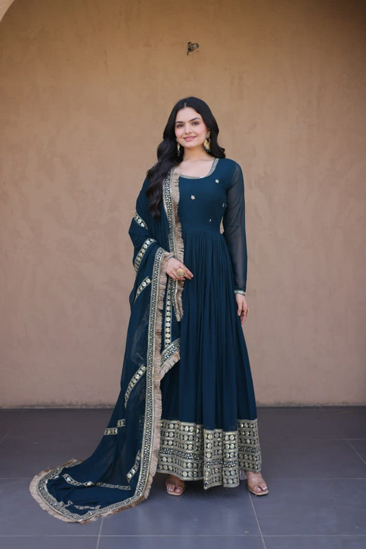 Rakshabandhan Special Premium Faux Blooming Embroidered Gown & Dupatta Set