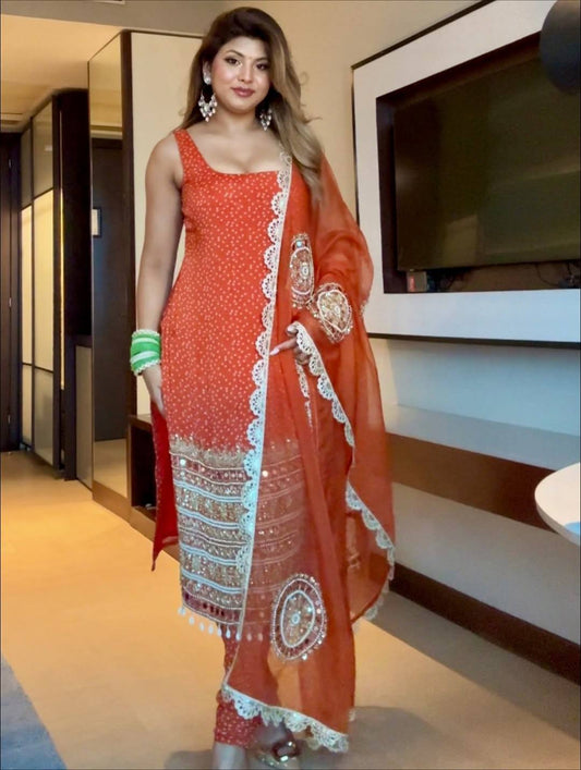Traditional Bandhani Style Kurta and Matching Bottom with Sheer Dupatta