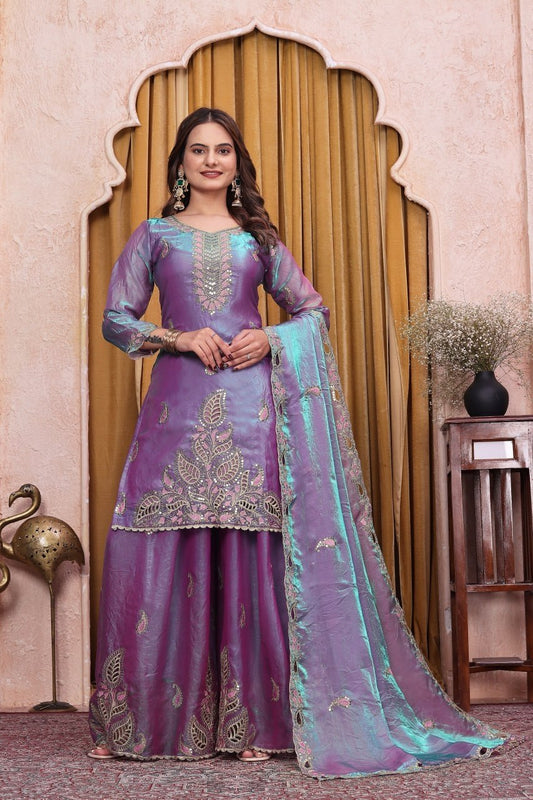 Premium Dual Tone Lavender Silk Sharara Set with Scallop Dupatta