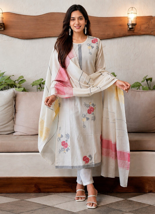 Designer Festive Wear Ethnic Kurta Set with Pink & Yellow Floral Motifs
