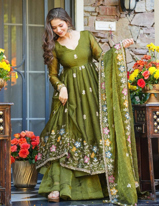 Olive Green Heavy Floral Embroidered Anarkali Suit with Matching Sharara & Multicolored Flower Dupatta