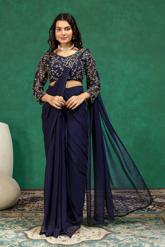 Designer Fancy Party Wear Georgette Saree with Heavy Embroidered Work Blouse Piece