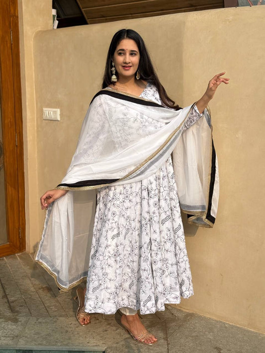 Designer Cotton Floral Printed Long Flared Anarkali Kurta with Pant and Dupatta Set