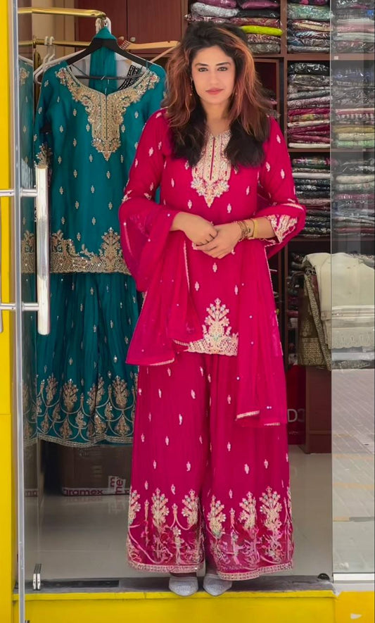 Designer Kurti with Palazzo and Dupatta Set Featuring Heavy Neck & Hem Embroidery Work