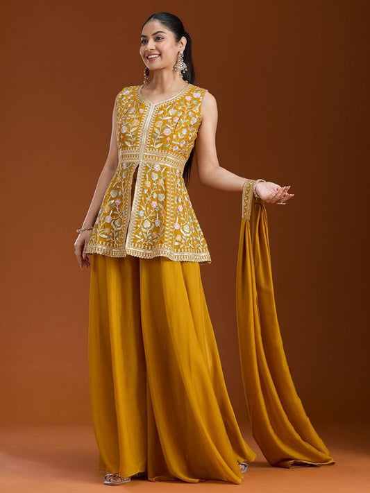 Designer Peplum Kurti with Flared Palazzo and Dupatta Set Featuring Heavy Thread & Zari Embroidery