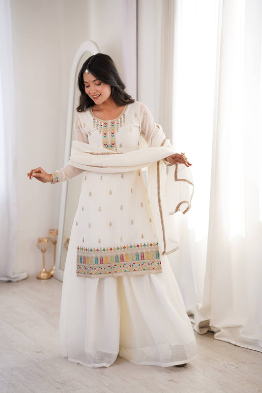 PURE SOFT CRUNCHY SILK FABRIC TOP SHARARA WITH DUPATTA