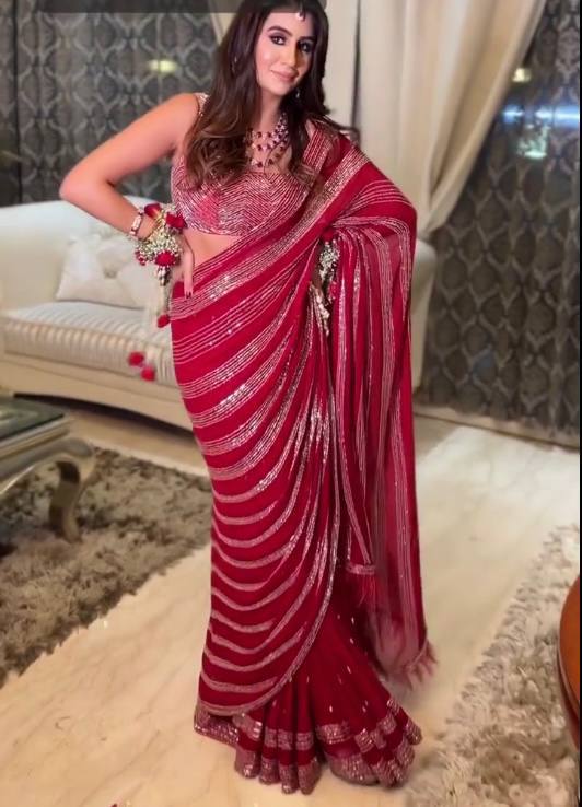Designer Striped Sequins Work Georgette Party Wear Saree with Matching Blouse