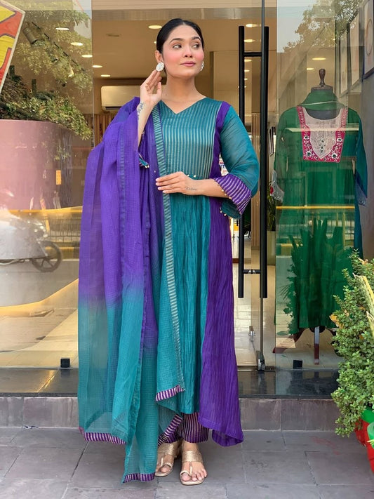 Designer Dual-Tone Pleated Anarkali Kurta with Striped Pant and Matching Dupatta Set