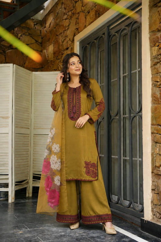 Designer Embroidered Straight Kurti with Farshi Pajama and Floral Dupatta