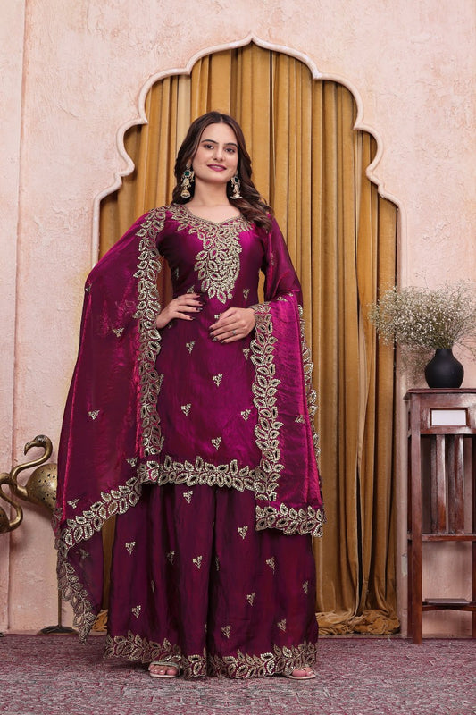 Rich Magenta Heavy Gold Embroidery Sharara Suit Set