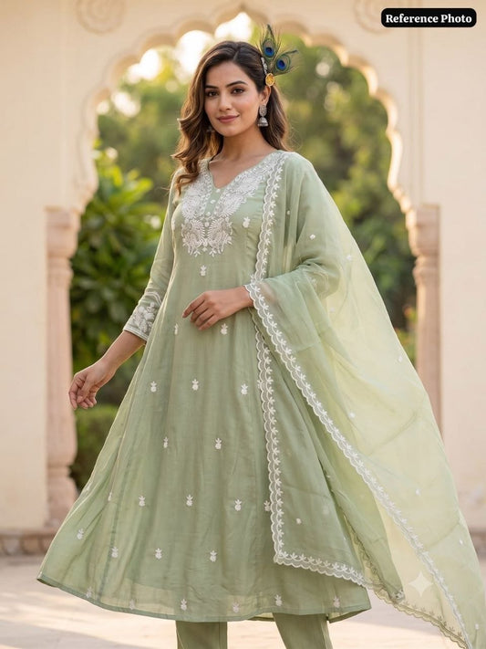 Pista Green Pure Mul Chanderi Kurti Pant & Dupatta Set