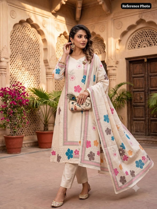 Off-White & Multi-Color Floral Print Kurti Pant and Dupatta Set