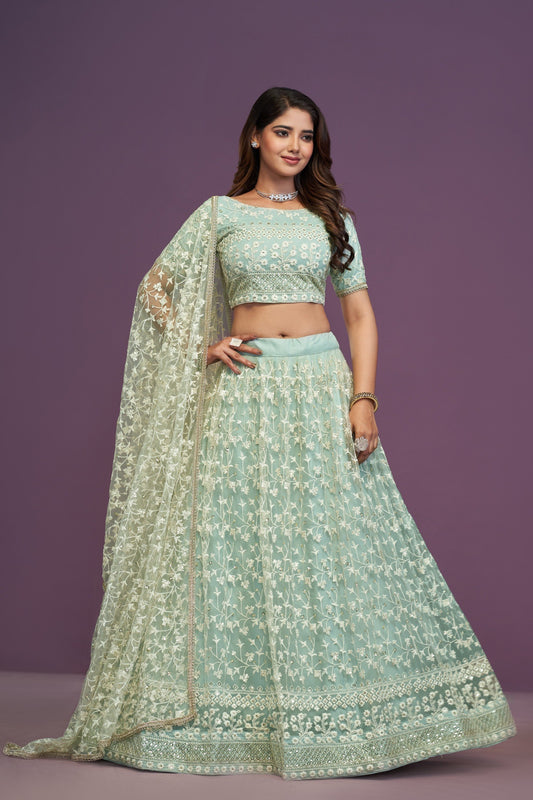 Mint Green Heavy Thread & Sequin Work Net Lehenga Choli Set