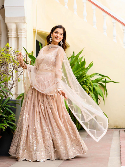 Pastel Peach Heavy Sequin & Gota Patti Work Lehenga Choli Set