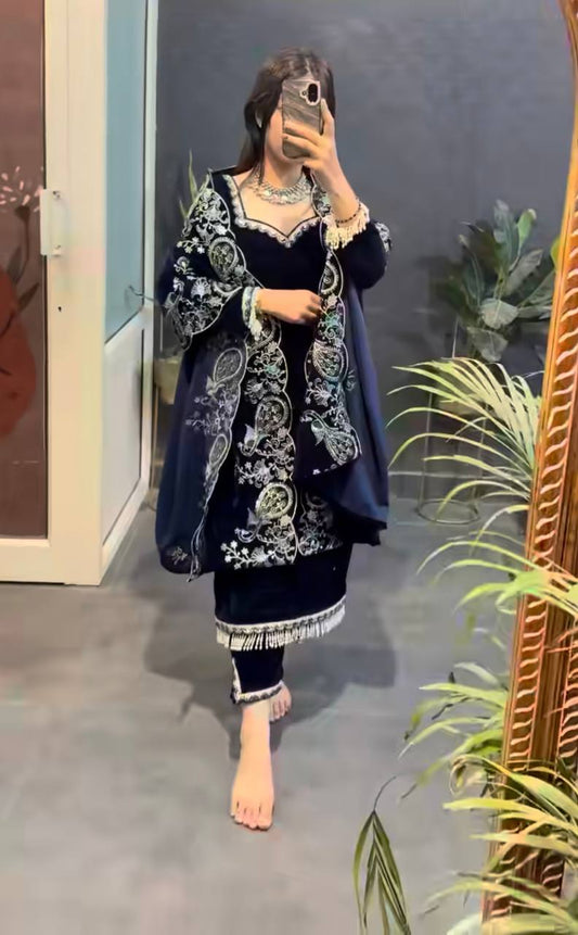 New Party Wear Viscose Velvet Designer Look Top-Dupatta and Fully Stiched Bottom With Heavy Embroidery Siquance Work