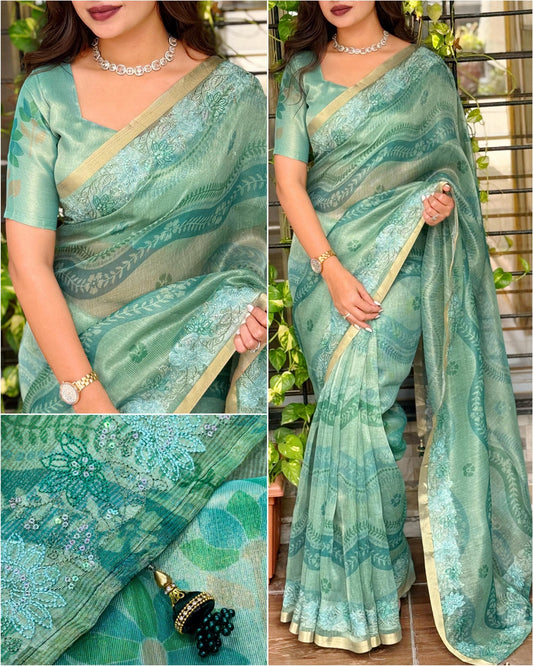 Premium Floral Embroidered Tissue Saree with Sequence Work