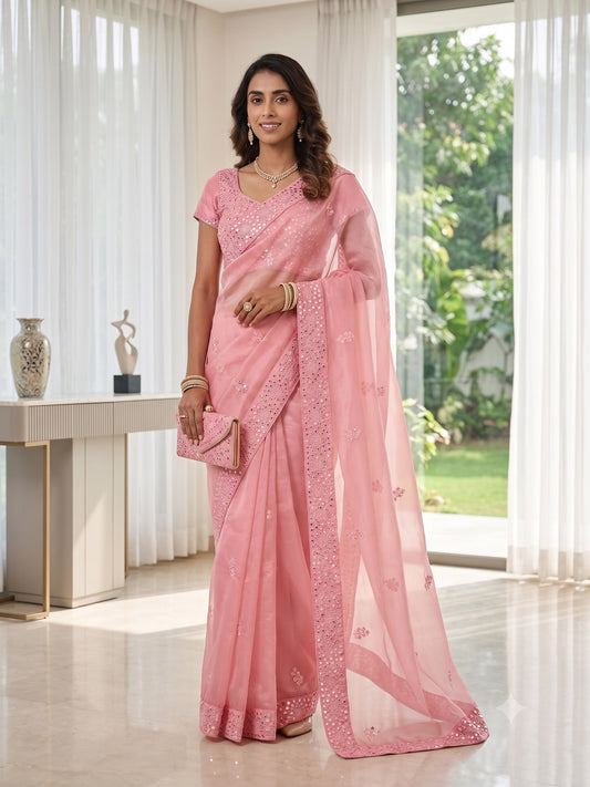 Designer Fancy Net Saree with Heavy Mirror Work & Sequence Embroidery with Matching Blouse Piece
