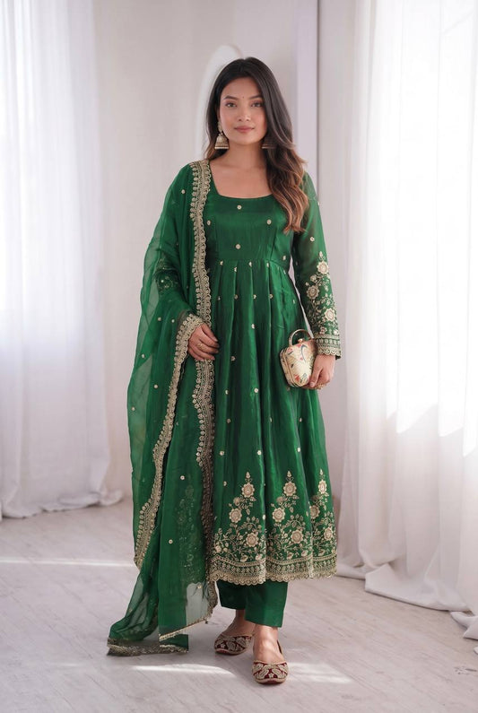 Designer Heavy Embroidered Chanderi Silk Long Flared Anarkali Gown with Pant and Dupatta Set